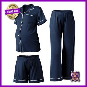 Maternity Nursing Pajama Set 3-Piece V-Neck Short Sleeve Loose Fit